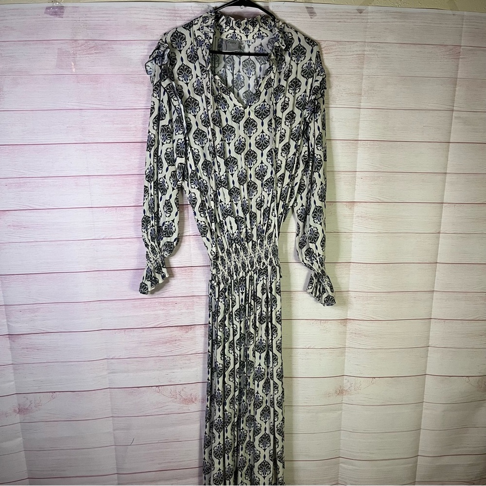 Finley Vintage Medallion Print Smocked Waist Tie Neck  Long Sleeve Maxi‎ Dress